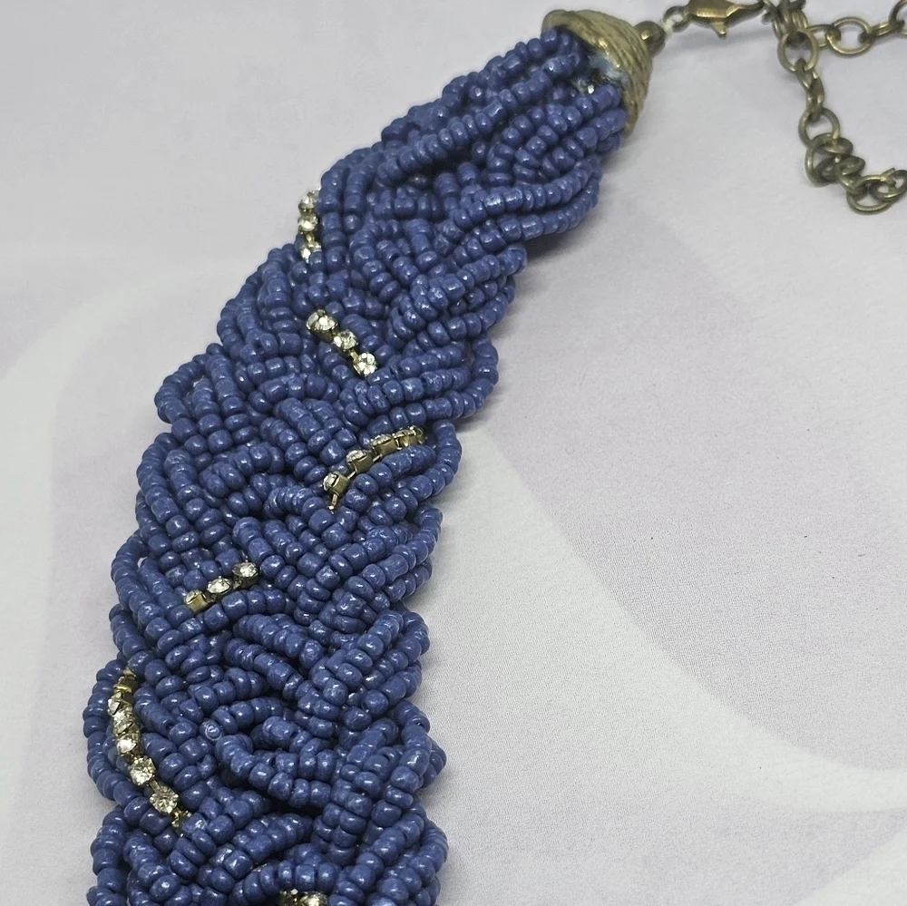 👍5 For $20 Thick Braided Multi-Strand Blue Seed Bead Necklace w/Rhinestones